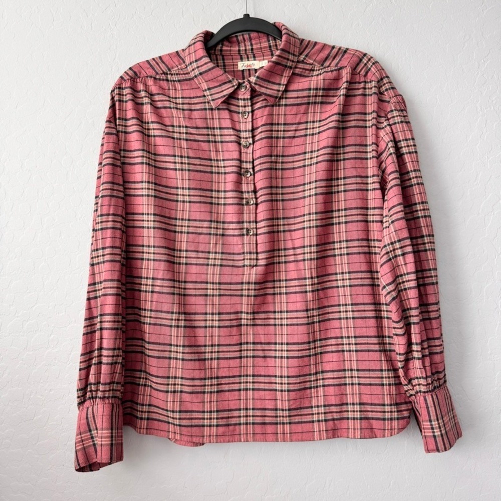 Faherty Medium Willa Plaid Top Pink Long Sleeve Henley Button Cuffs